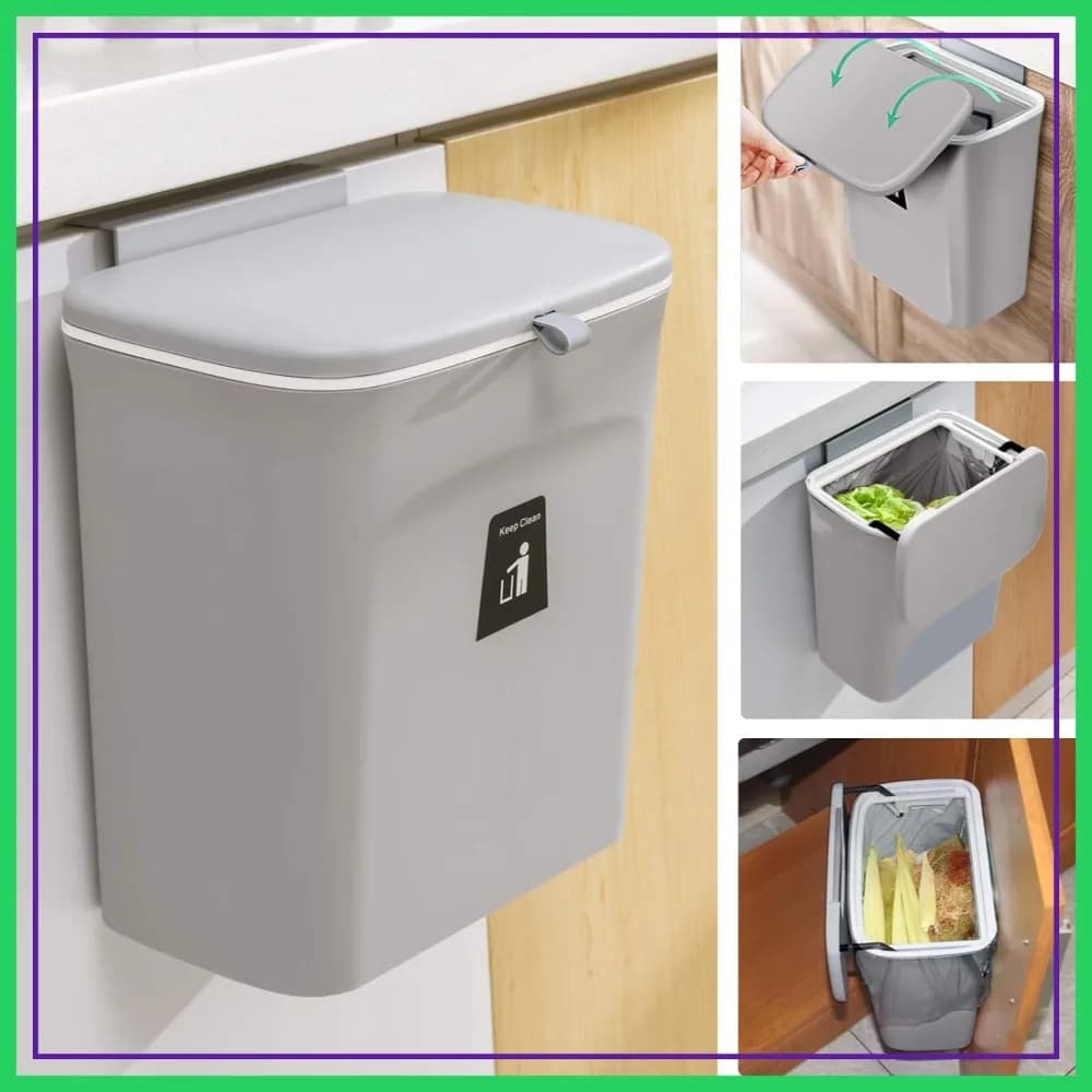 Contenitore per Compost da 2,4 Galloni da Appendere, per Piano di Lavoro o Sotto il Lavello, Piccolo Cestino con Coperchio per Cucina/Bagno/Campeggio, Grigio