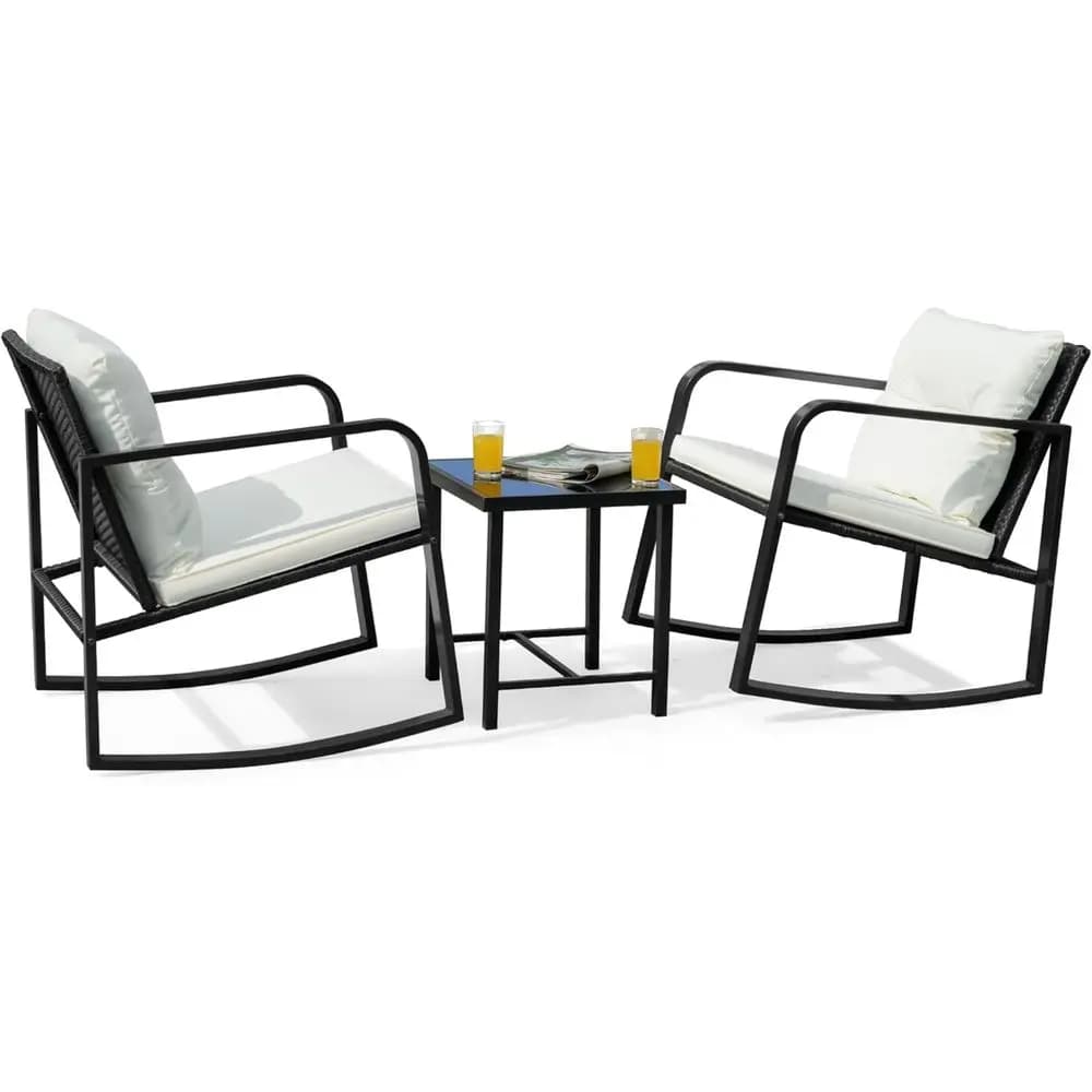 3-Piece Wicker Rocking Chair Set with Coffee Table and Cushions for Outdoor Patio, Porch, or Balcony (White)