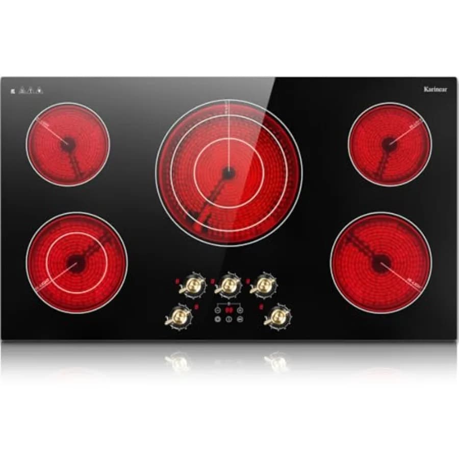 Piano cottura elettrico da 36 pollici per cucina, superficie in vetroceramica radiante, manopole dorate, 5 fuochi con controllo touch, potenza 9200W, 9 leve.