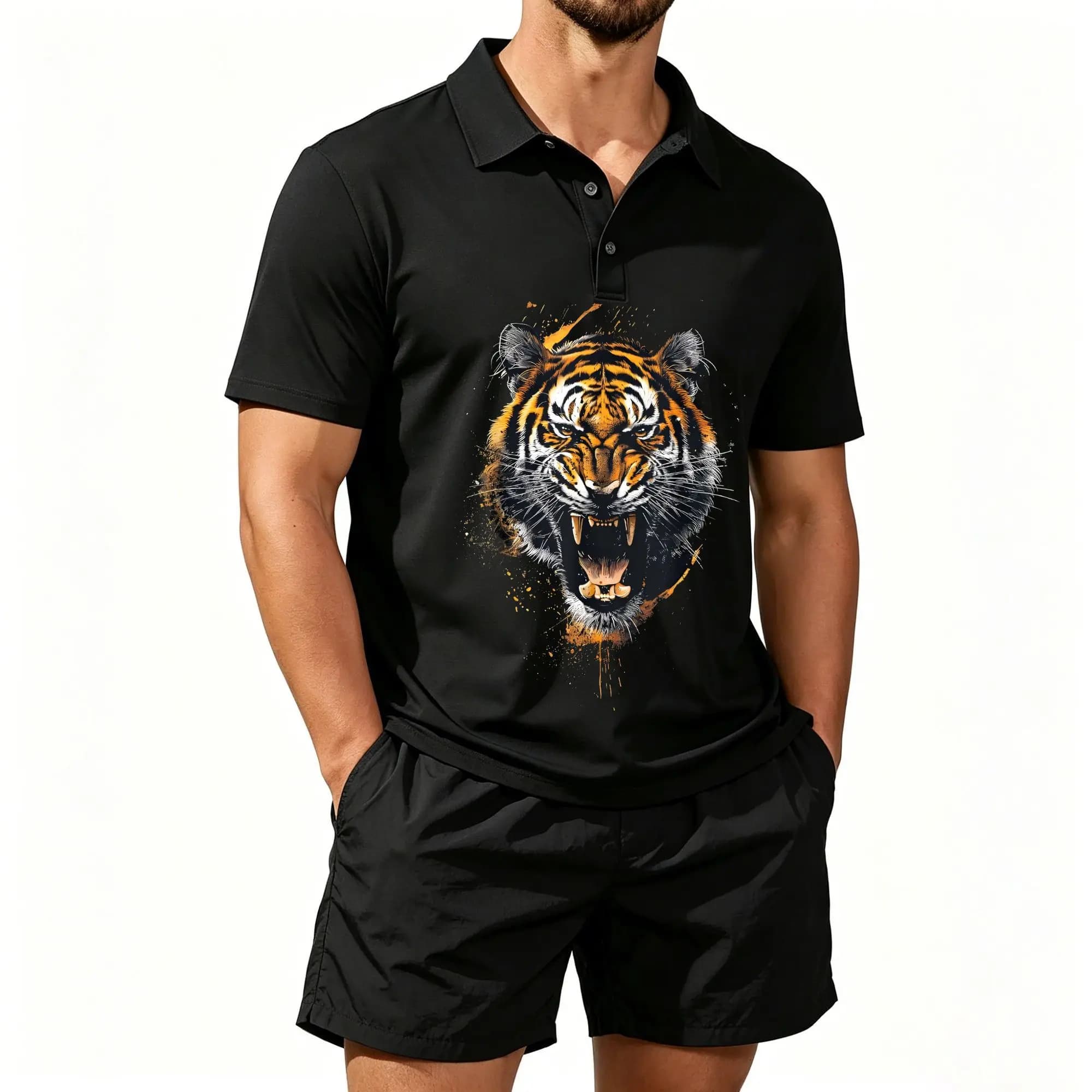 Men's Polo Shirt and Beach Shorts Set with Fierce Tiger Head and Wildlife Pattern, Casual and Comfortable Fit