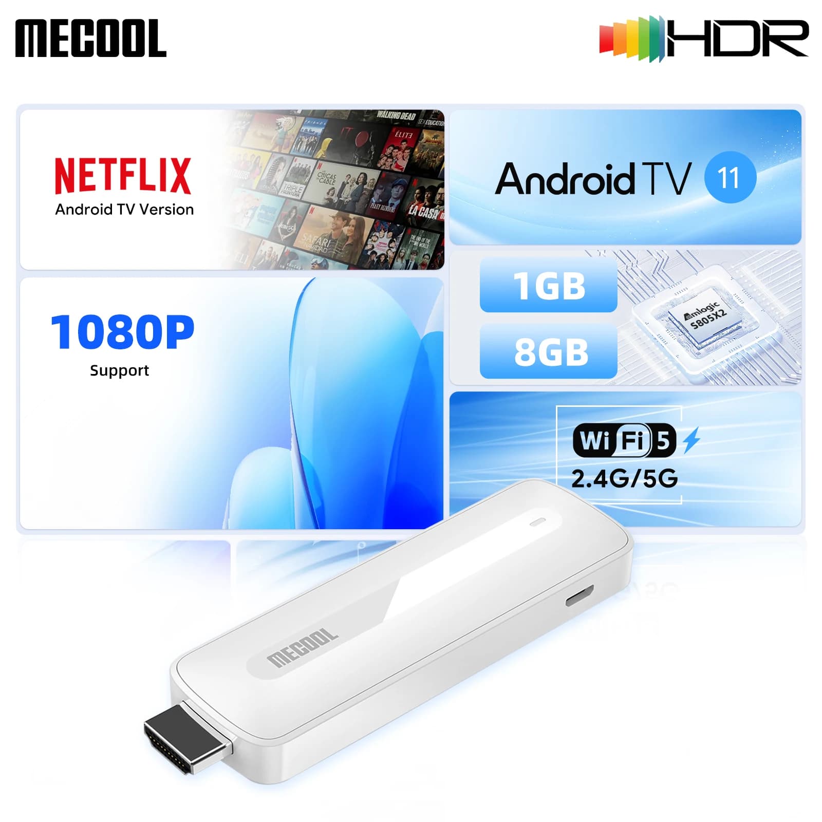 MECOOL KD5 TV Stick with 1G DDR4 + 8G Netflix Google Certificate 2.4G/5G WIFI Android 11 Multimedia receiver Stick Home Multimedia player