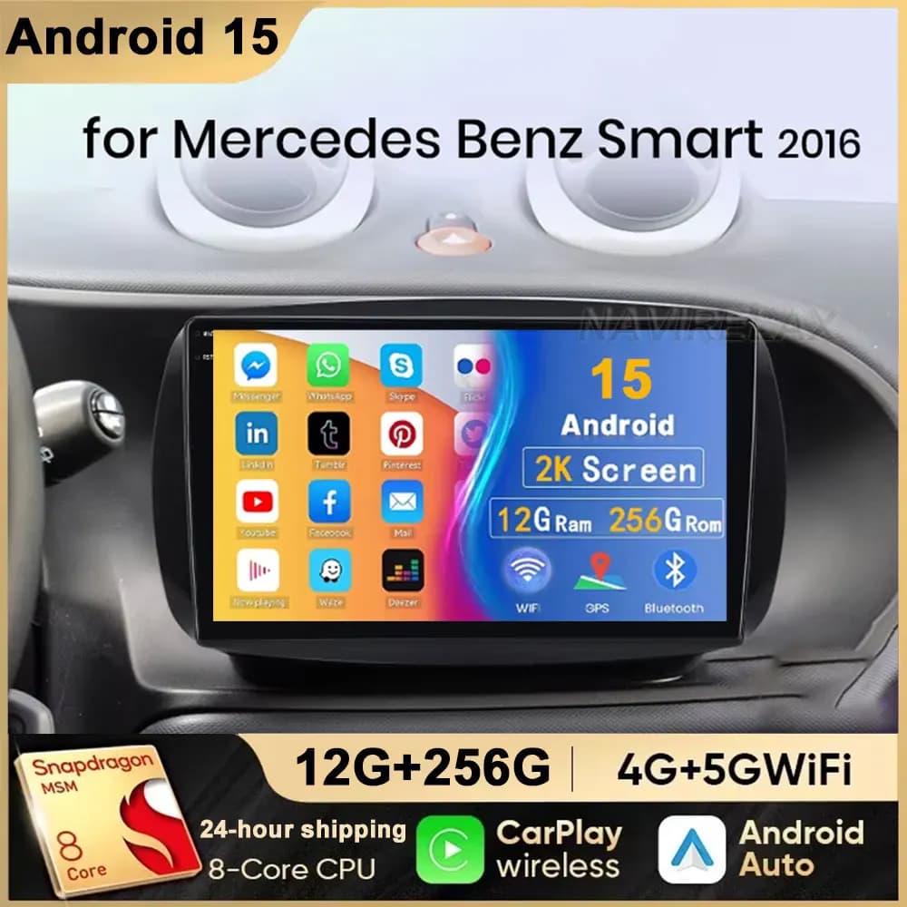 Autoradio Video Multimedia Android 15 '' for Mercedes Benz Smart 453 Fortwo 2014 - 2020 GPS Navigation WiFi Bluetooth DSP