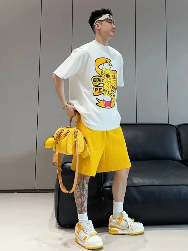 Summer New Style Casual Printed Tape Pencil Sketch Set Men's Loose Short Sleeve Shorts Two-Piece Set Cotton Polyester Blend