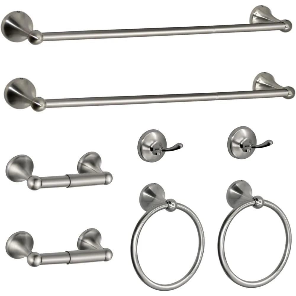 Set di accessori da bagno da 8 pezzi in nichel spazzolato: portasciugamani regolabili, anello, porta carta igienica, ganci e appendiabiti