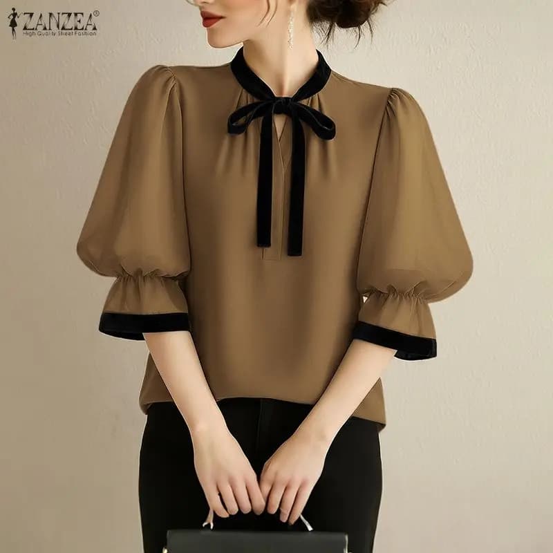 ZANZEA Camicetta da lavoro OL da donna elegante Camicia da ufficio estiva Tunica elegante Manica a 3/4 con volant Patchwork Blusas Top casual con lacci