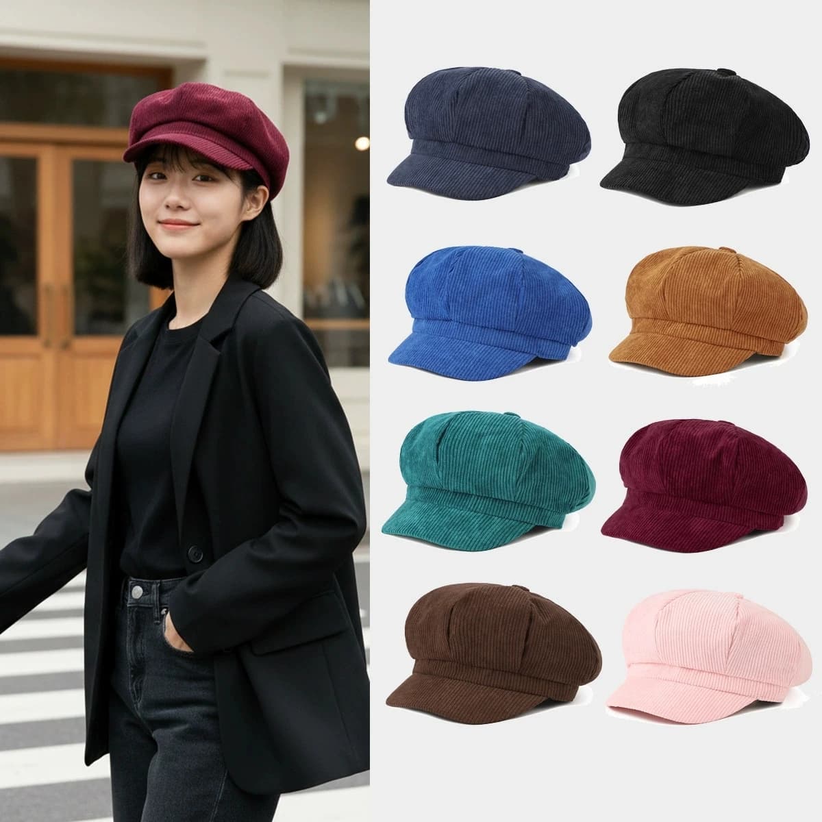 Berretto da strillone ottagonale in velluto a coste Cappelli da berretto britannico per donna Berretto ottagonale regolabile in tinta unita vintage da donna
