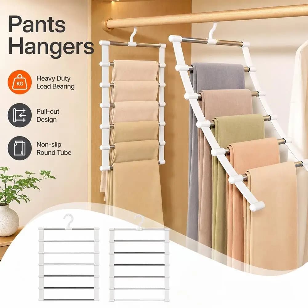 Newly upgraded 7 Layers Stainless Steel Pants Hanger Closet Organizer Trousers Rack Non-Slip Wardrobe Storage Clothes Rack