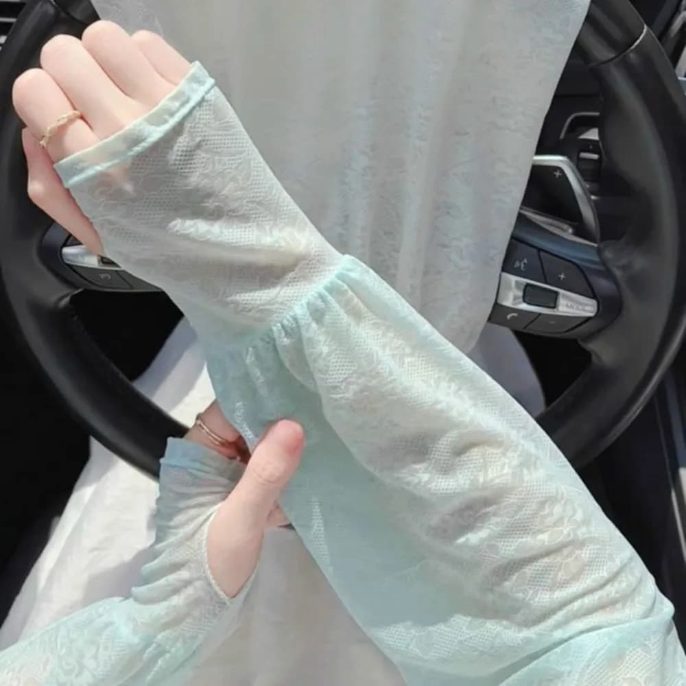 Maniche Traspiranti Sottili in Pizzo di Seta Ghiaccio con Fiori, Protezione Solare Anti-UV, Copri Braccio, Guanti da Ciclismo e Guida