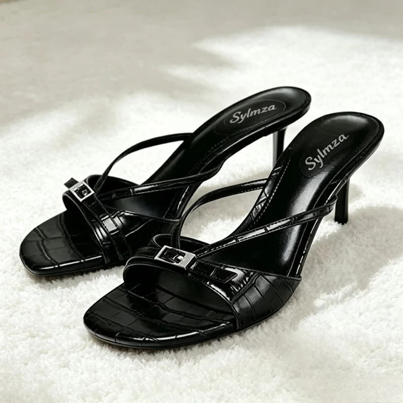 Belt Buckle Embossed Top Design Heeled Slippers Women Sexy Peep Toe Summer Slides Sandal Elegant Slingback High Heels for Ladies