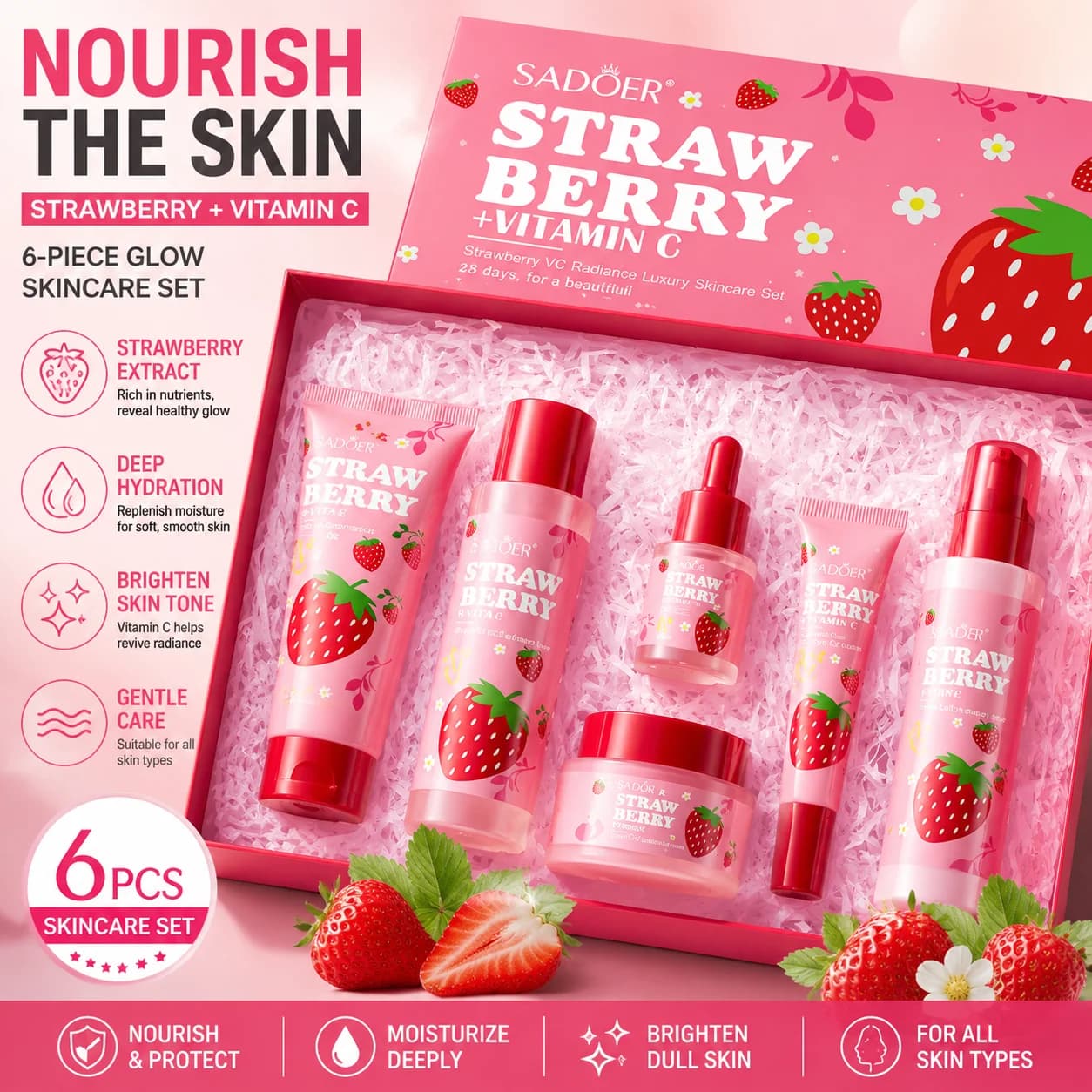Set da 6 pezzi per la cura della pelle alla fragola VC: crema viso, siero, tonico, detergente viso, protezione solare, crema contorno occhi, set per la cura della pelle del viso, confezione regalo.