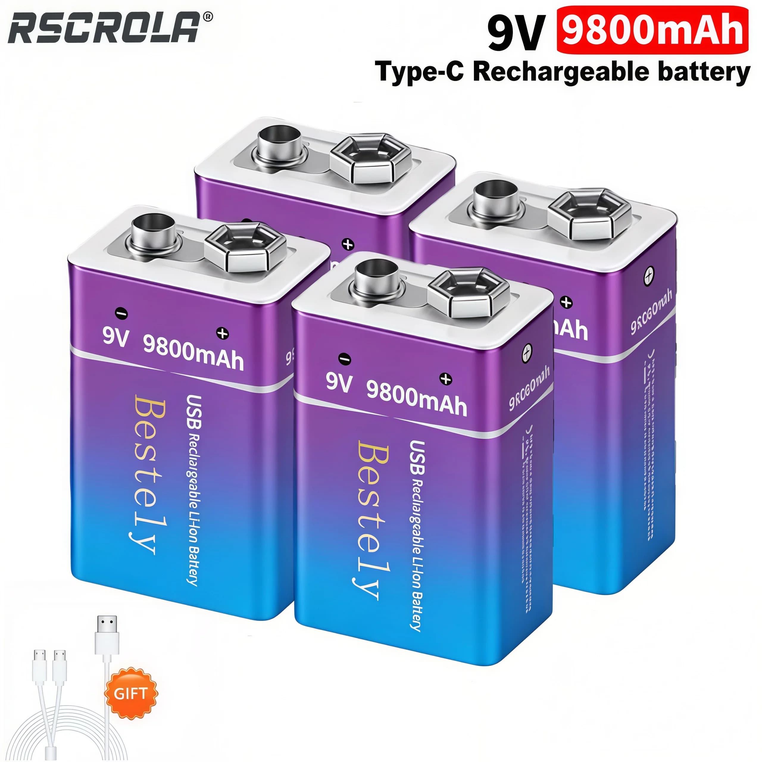 Batteria ricaricabile Bestely da 9800 mAh 9V con cavo USB per allarme antifumo, microfono, dispositivo wireless - Lunga durata