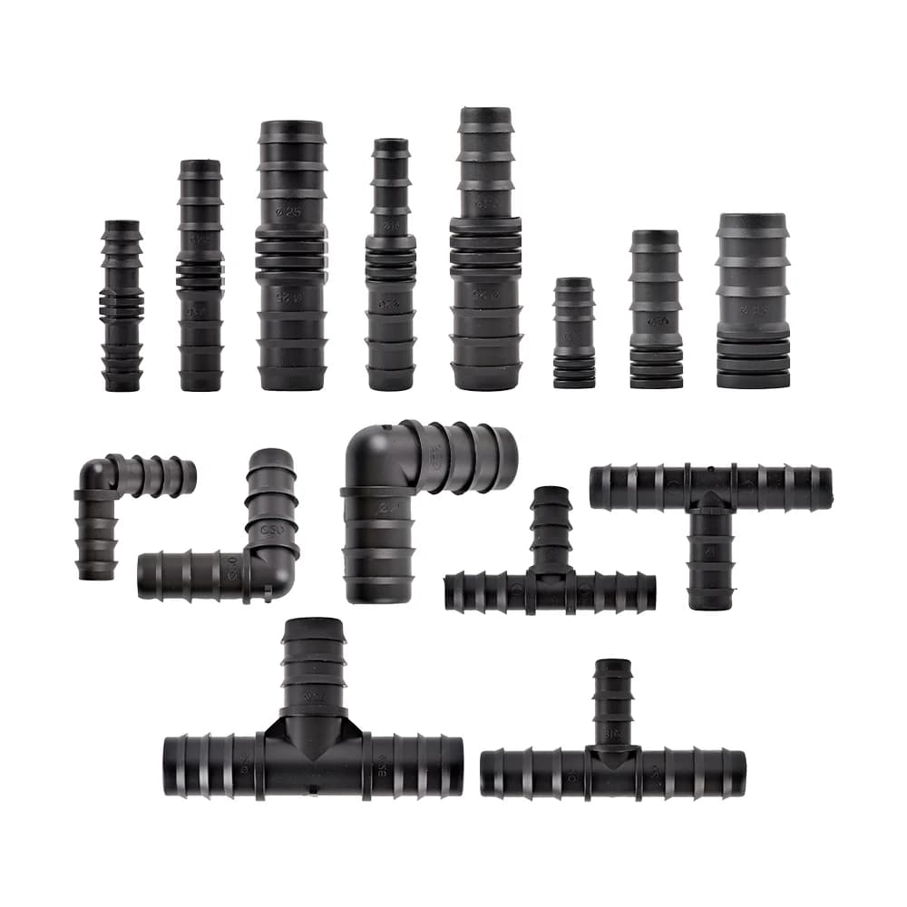 PE tubo Barb connettore 16mm 20mm 25mm Tee gomito riparazione End Plug 1/2 3/4 "giardino acqua irrigazione a goccia tubo giunti 4 pezzi