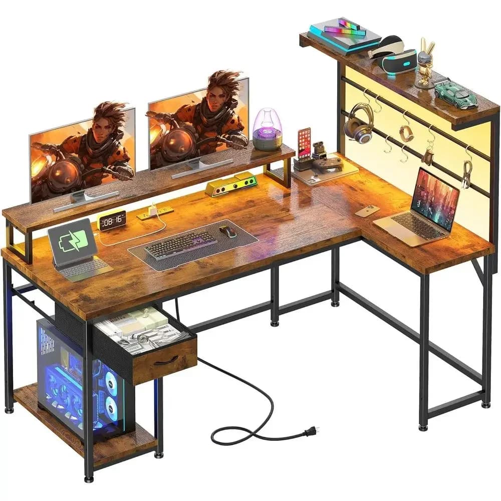 53 L-Shaped Desk with Storage, LED-lit, Power Outlets, Monitor Stand, Rustic Brown