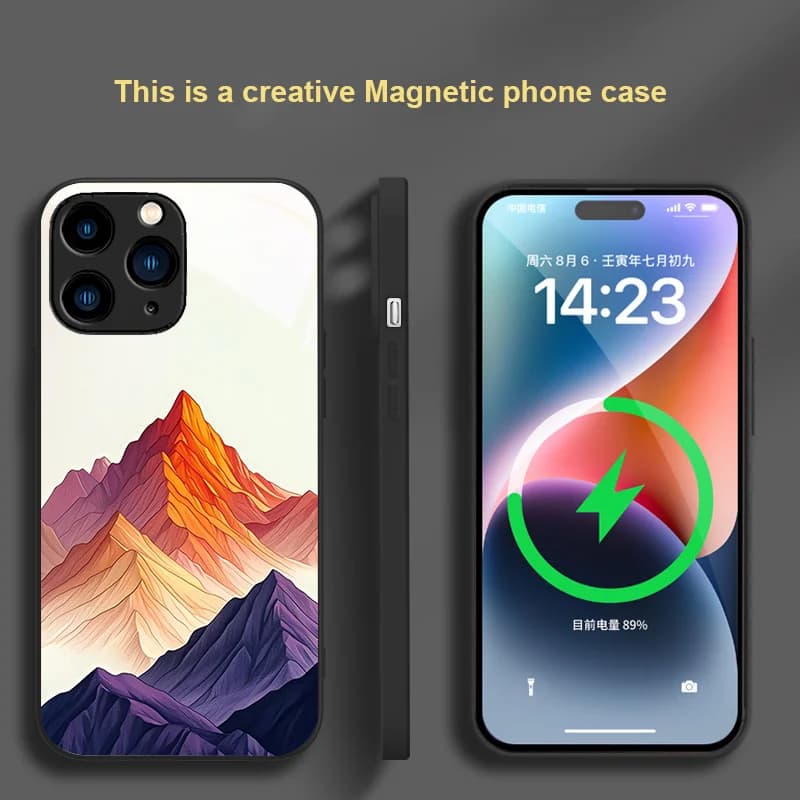 Magnetic glass phone case suitable for iPhone 11 X XR 13 14 Pro MAX 15 12 16 Five color Mountain series printing dust protection
