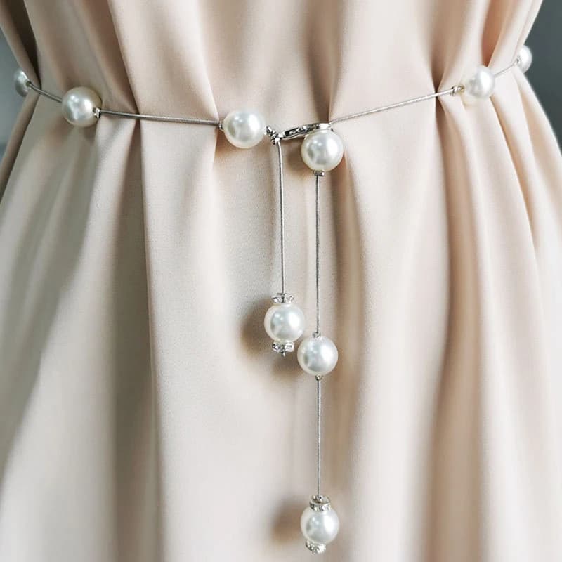1Pc Pearl Women's Belt Simple Adjustable Metal Thin Chain Belt For Ladies Dress Skinny Waistband Decorative Jewelry.