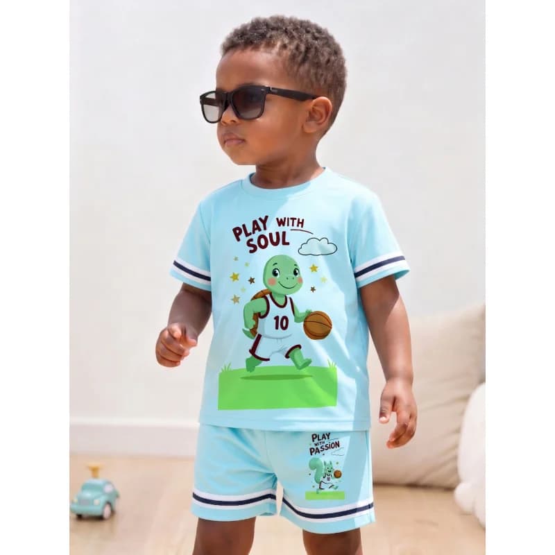 Set di 2 Pezzi di Abbigliamento per Bambini con Stampa di Tartaruga Cartoon e Pallacanestro, Divertimento Estivo all'Aperto per Bambini Felici