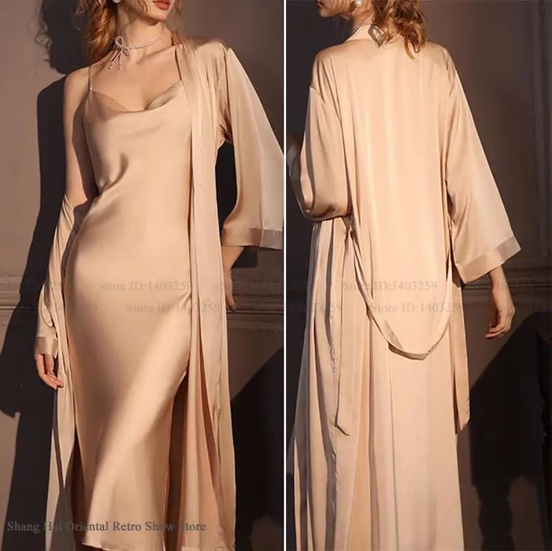 Spring Autumn New Women's Long Dress Nightwear Dress 2PCS Ice Silk Set Kimono Bathrobe SEXY Dresses Nightwear Homewear