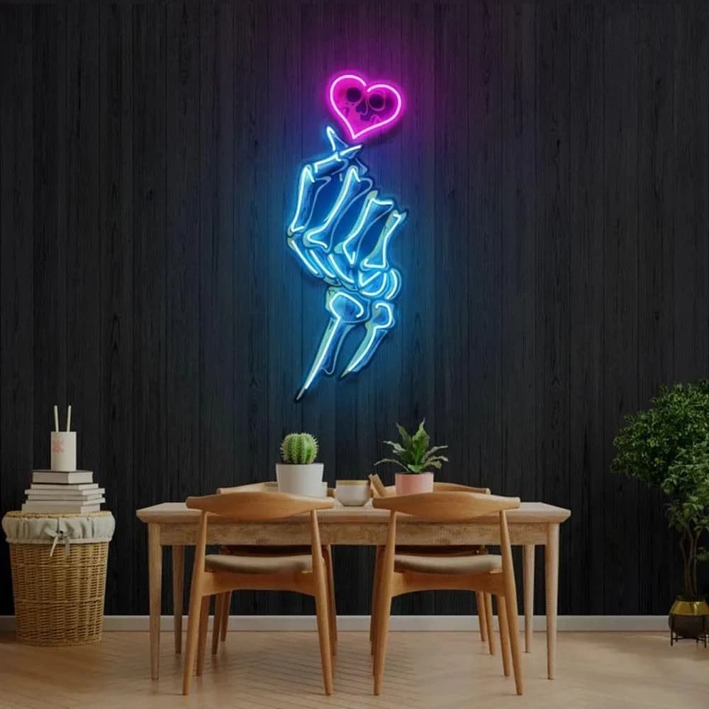 Insegna al neon con stampa UV con teschio e cuore - Alimentata tramite USB, luminosità regolabile Decorazione da parete blu ghiaccio per camera da letto, soggiorno, bar, feste