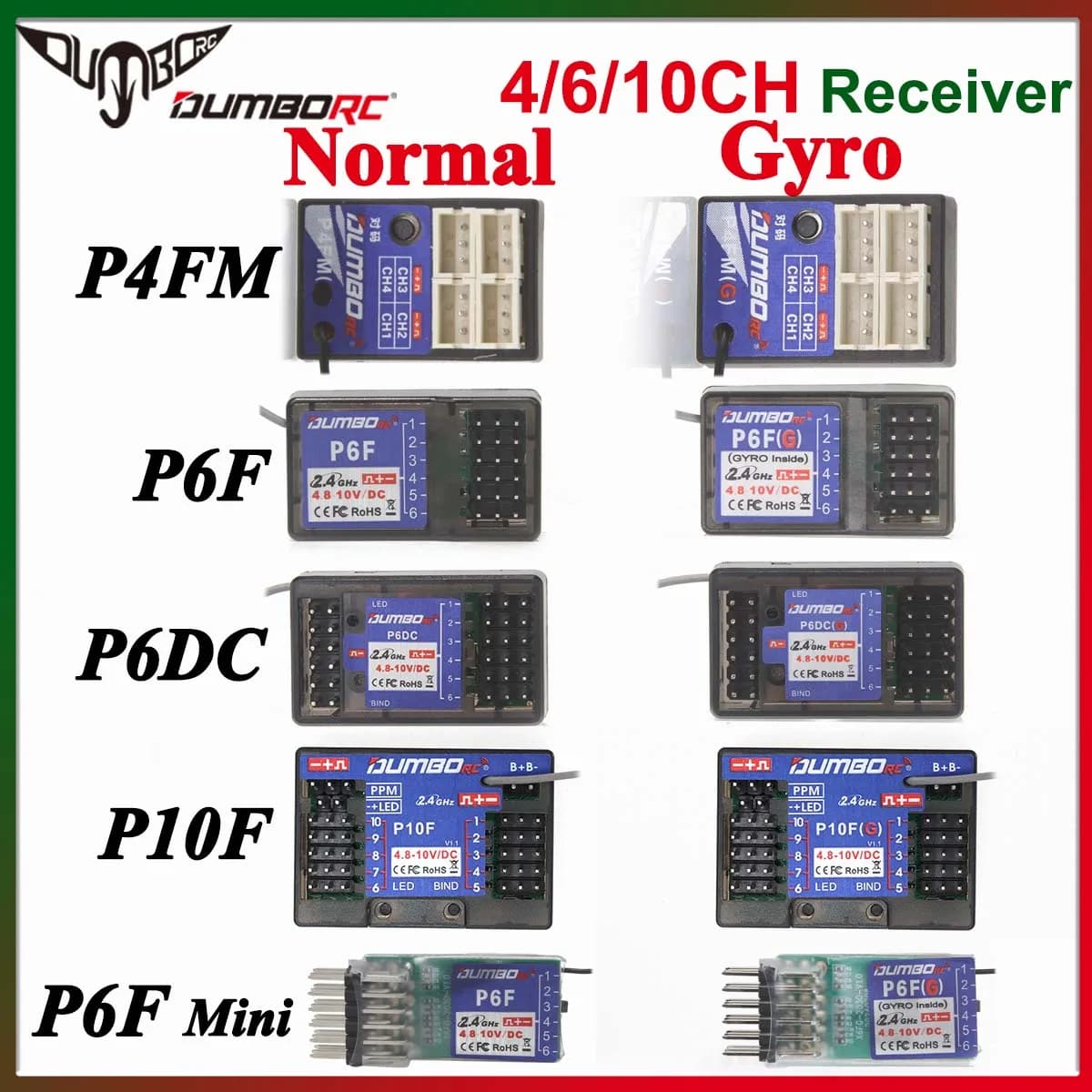 DUMBORC P6DC P10F P4FMG P6FG Mini 4CH 6CH 10CH 10 canali Giroscopio Ricevitore Ritorno di tensione per X4 X6 DDF-350 Trasmettitore RC Auto Barca