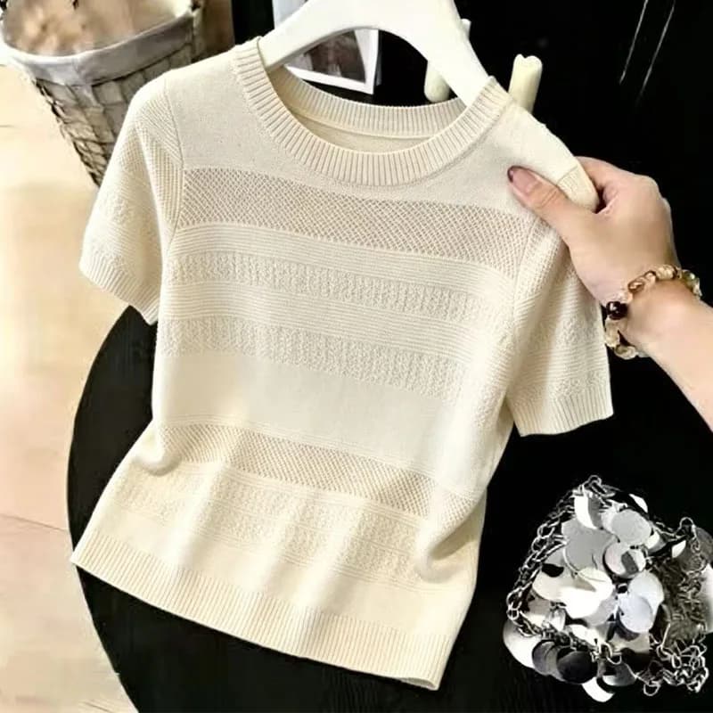 Sueter Feminino New Summer O-Neck Hollow Out Knitted Sweater Women Pullovers Short Sleeve Knit Sweater Pullover Women Tops Q5368