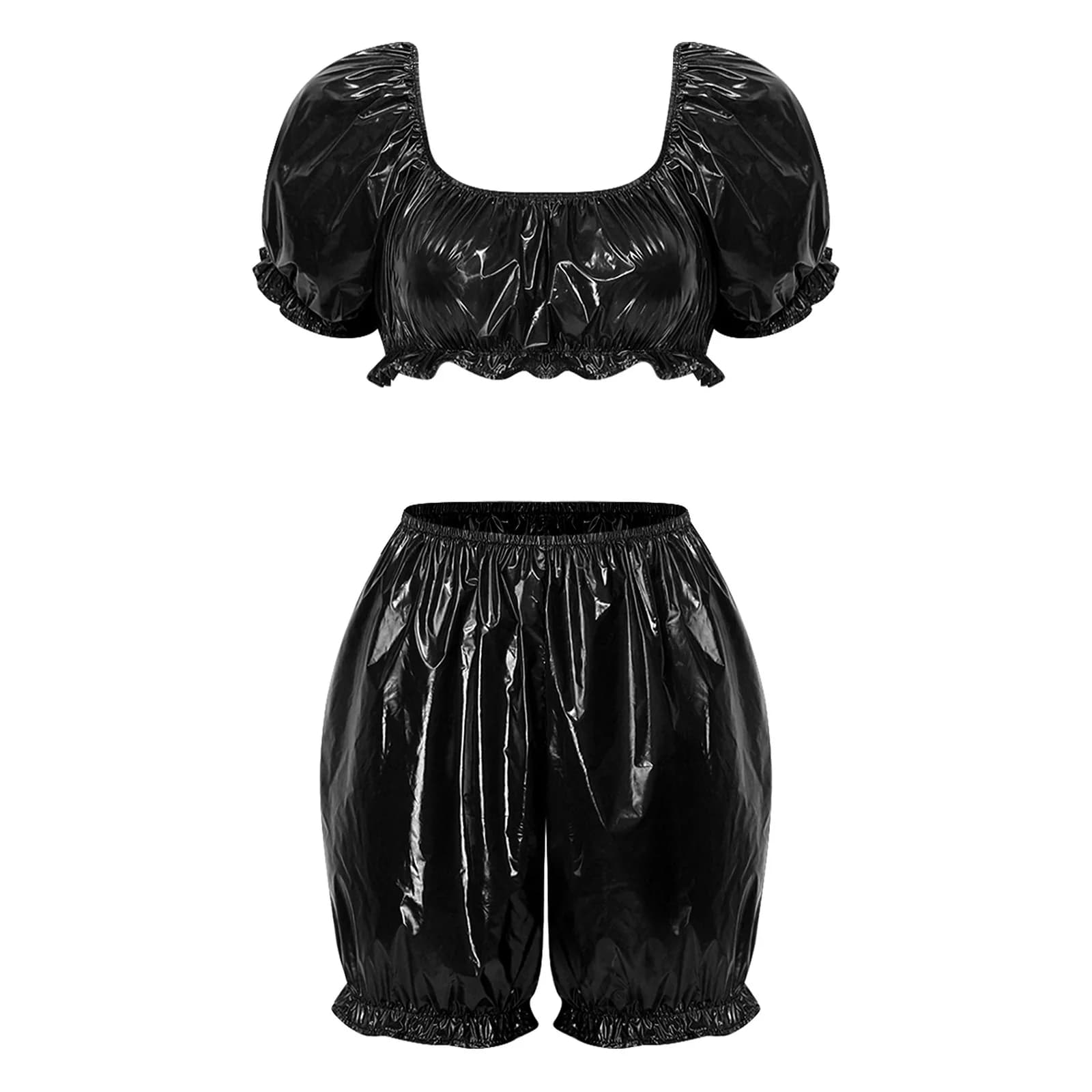 Womens Wet Look PU Leather Clubwear Outfits Vinyl Ruffled Sleeve Crop Top And Bloomer Shorts Waterproof Vinyl Adaptive Swimwear