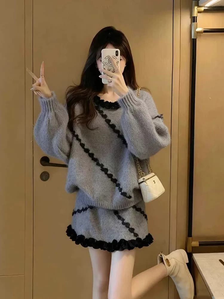 Set Maglione Lavorato a Maglia e Gonna Corta Stile Casual da Donna, Completo Due Pezzi Dolce e Snellente, Moda Autunno Inverno