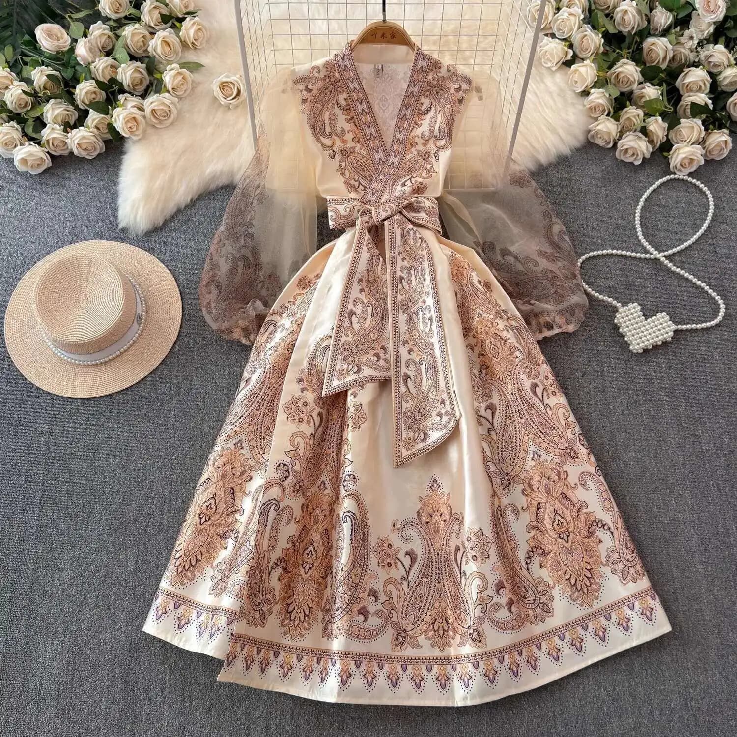 JAMERARY Summer Bohemian Floral Midi Dresses Women Short Puff Sleeve Cross scollo a V Flower Print Bandage Lace Up Robe Long Vestido
