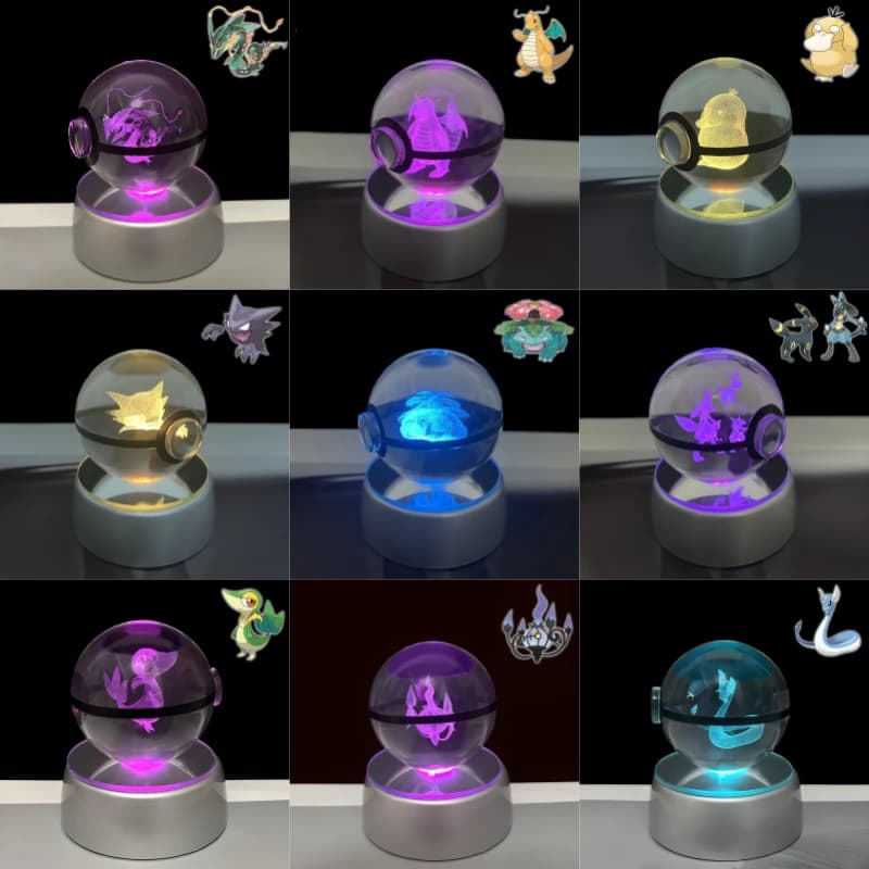 Pokemon 3D Cristallo POKE BALL Figura Giocattoli Snivy Dragonair Blastoise Venusaur Milotic Raichu Luce notturna Lampada a LED Base Modello Bambole