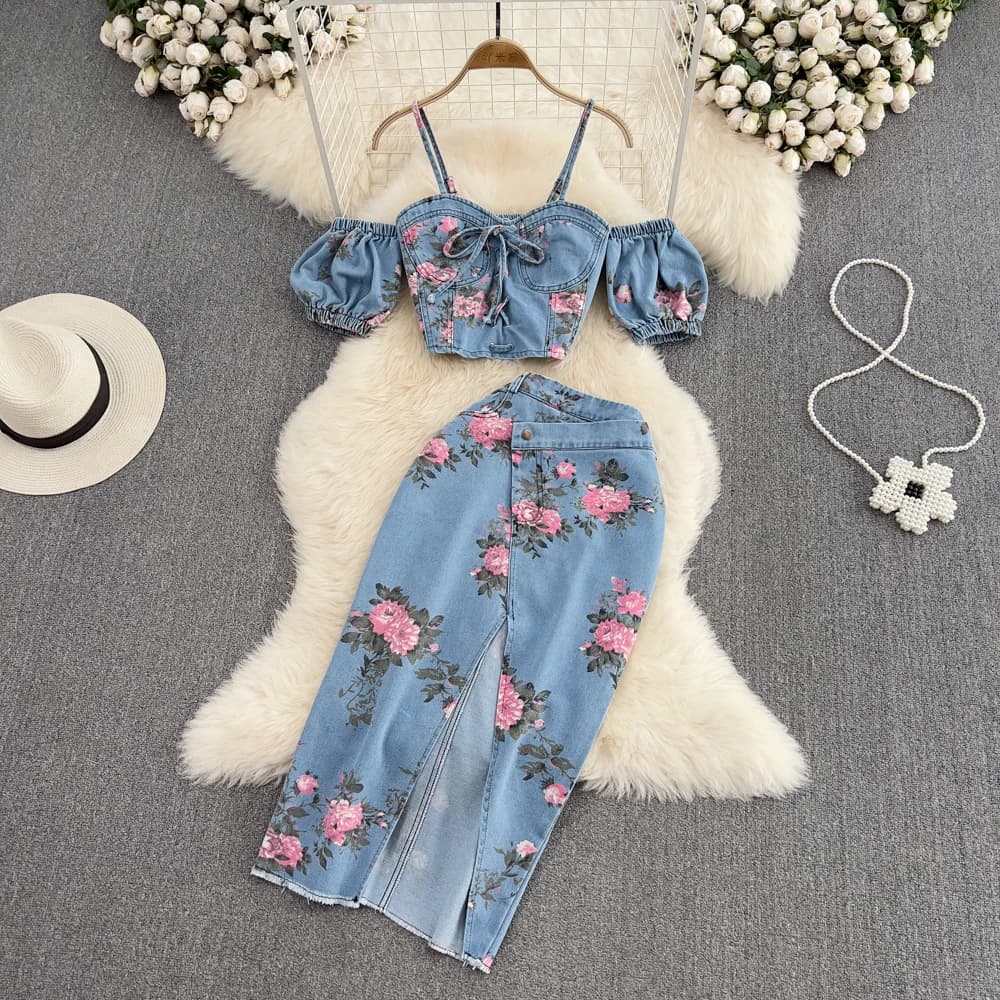 Gonna in Denim con stampa floreale alla moda Set top corto con spalline sottili gonna divisa sottile irregolare estate donna 2 pezzi abiti