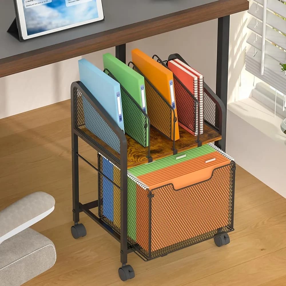 Cassettiera Verticale con Divisori Regolabili, Ruote Bloccabili, Cassetto Portadocumenti Sotto Scrivania, Organizzatore per File Sospesi