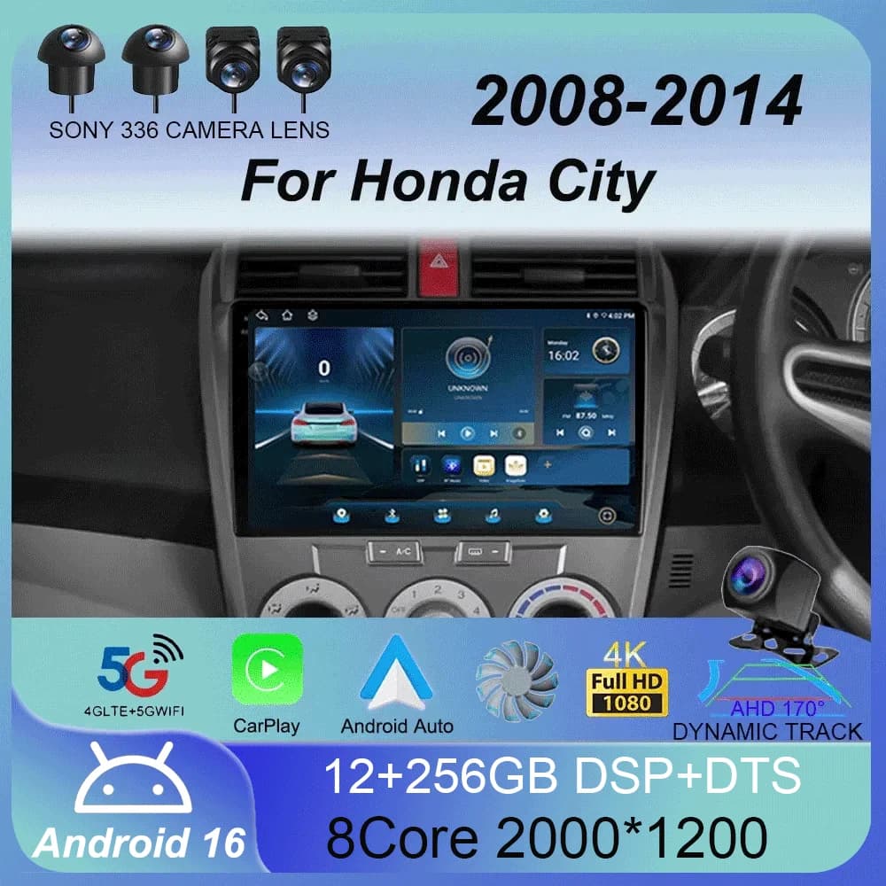 Autoradio Android 16 con Carplay, Lettore Multimediale per Honda City 2008-2014, Stereo 2din