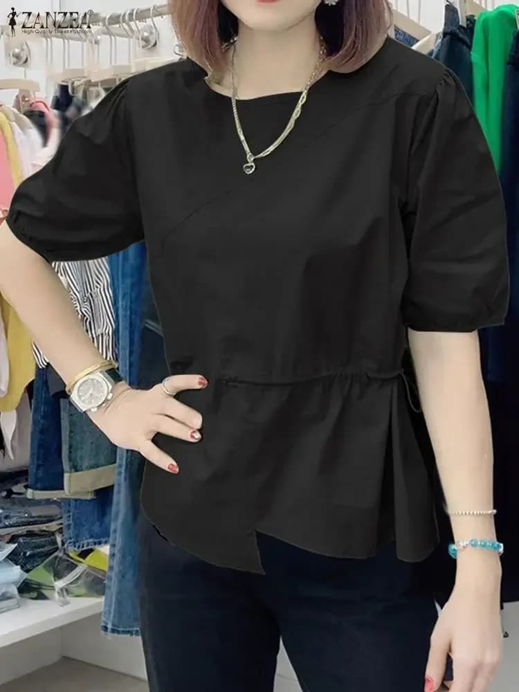 ZANZEA Camicetta moda donna Raccogli la vita Tunica Top 2025 Estate Manica corta Camicie solide Coreano Casual Allentato Blusas Abbigliamento