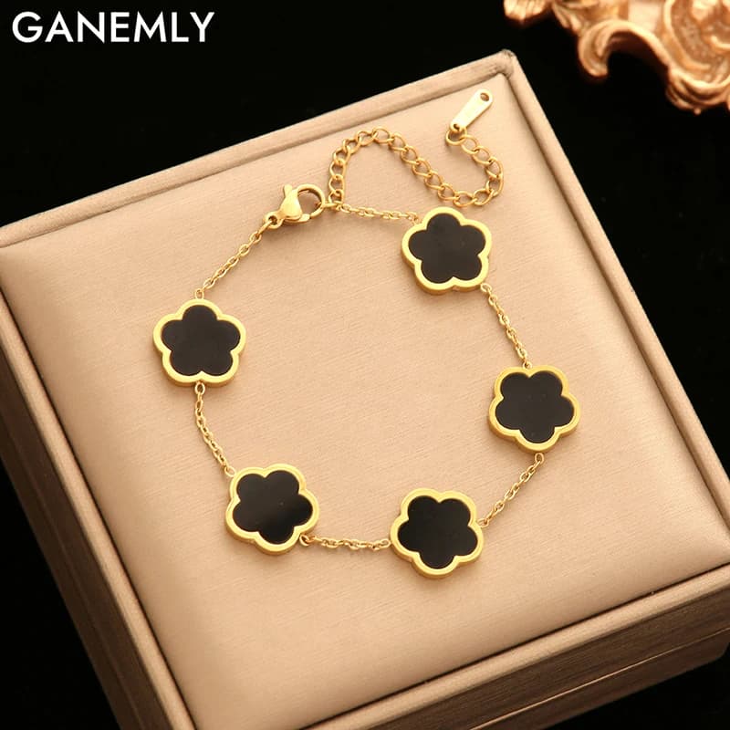 GANEMLY Braccialetti con trifoglio a cinque foglie nero in acciaio inossidabile 316L per le donne Nuovo regalo per ragazze gioielli con catena da polso impermeabile alla moda