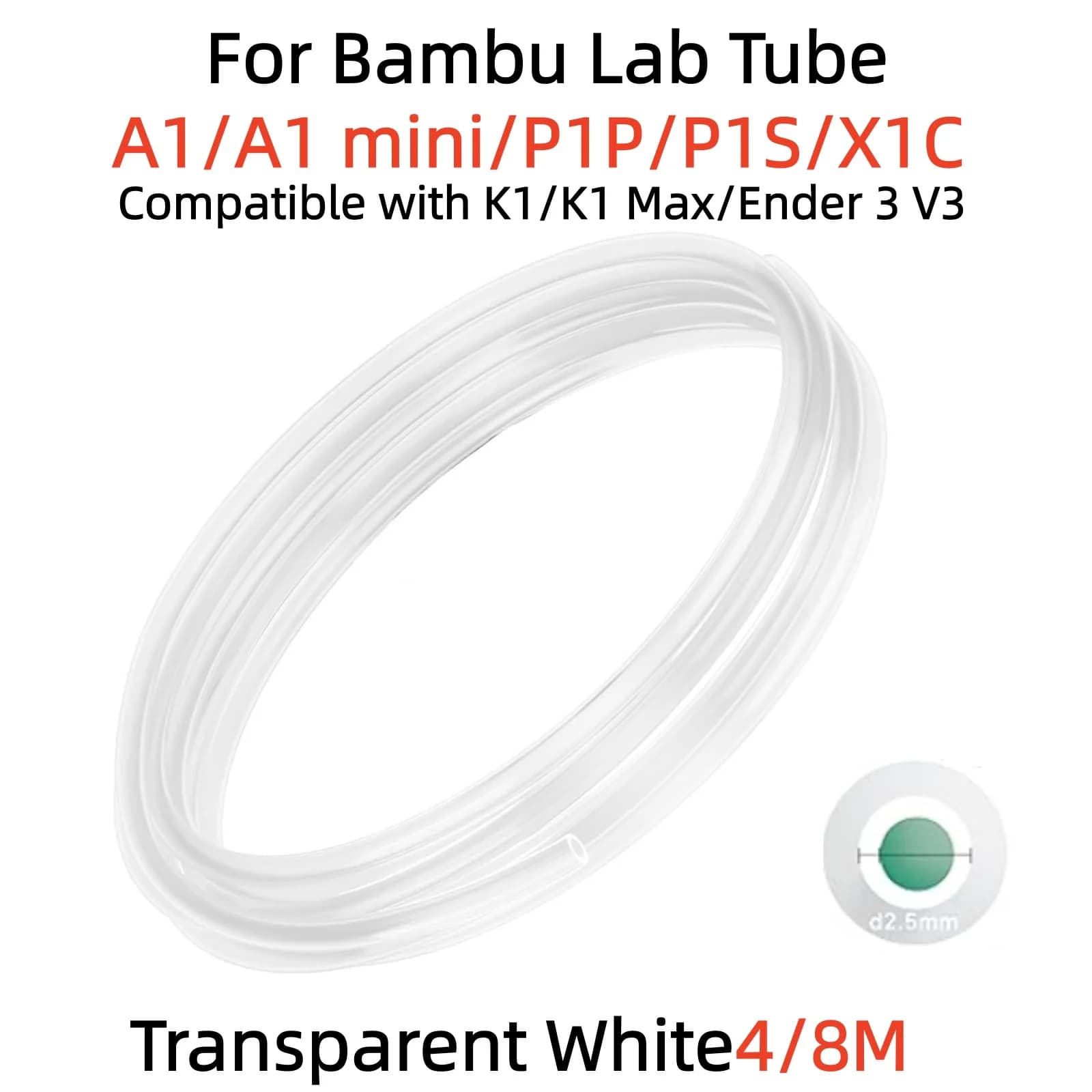 For Bambu Lab Ptfe Tube P1P AMS A1 Mini 3D Printer Teflon Pipe 1.75mm Bambulab Ptfe Tube 4/8m Transparent White AMS LITE