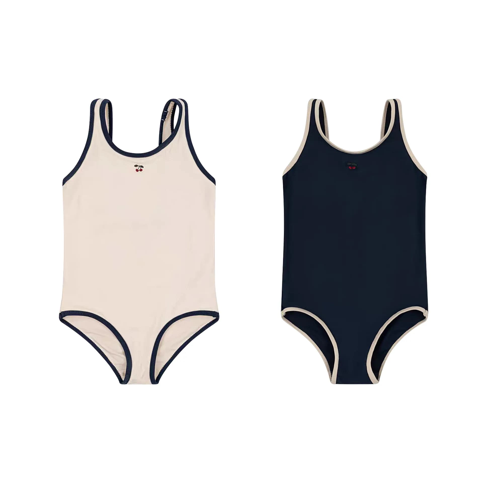 Full color baby cream swimsuit, with navy blue edge and cherry embroidery, sleeveless, with swimming hood, for the beach