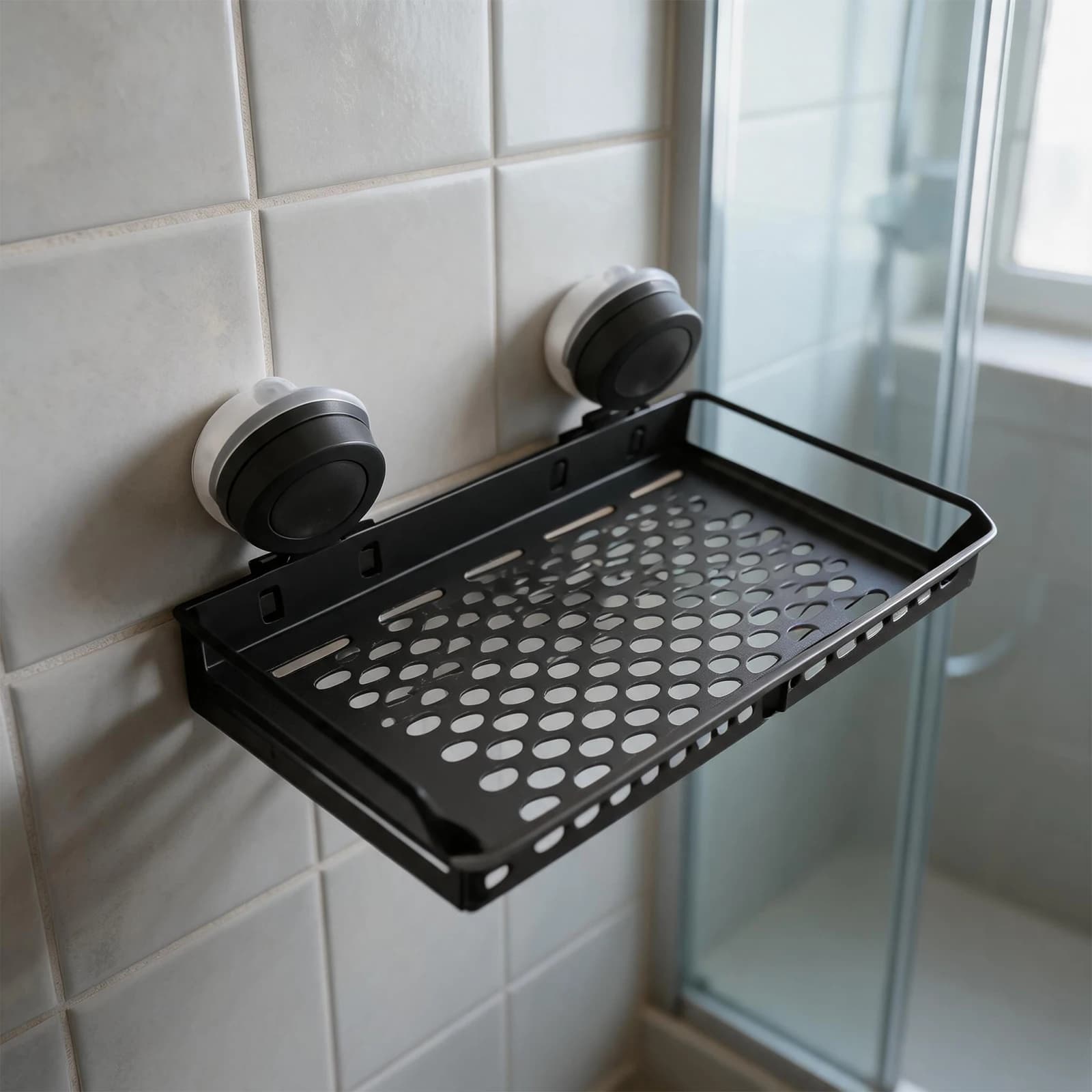 Multi Functional Aluminum Shower Shelf with Strong Suction Cups Towel Bar and Hooks for Organizing Bathroom Items
