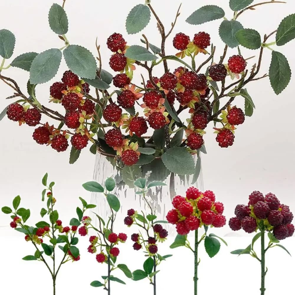Red Berry Raspberry Artificial Plant Green Leaves Accessories Simulation Berry Branches DIY Floral Arrangement
