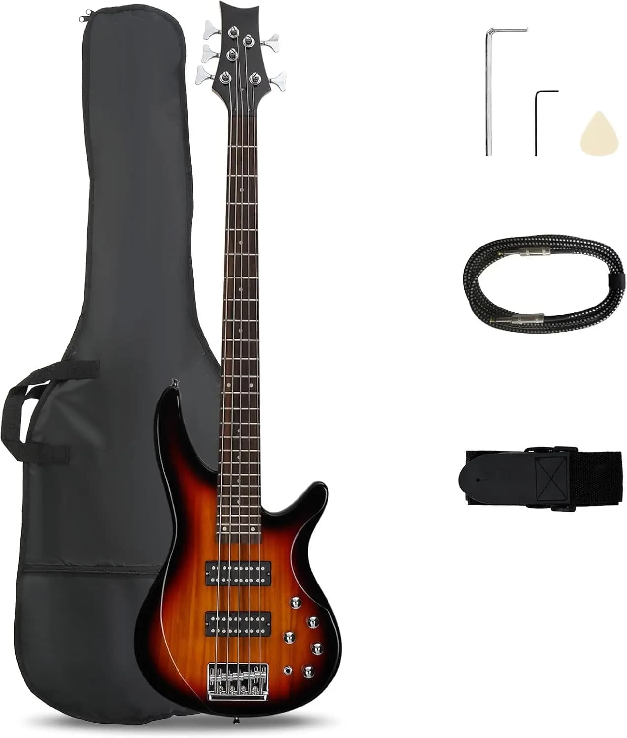 5-String Electric Bass Guitar, Full Size Standard Right-Handed, Rosewood Fretboard Bass Kit with Gig Bag, Strap, Cable, and Wrench Tool (Upgraded Sunset)