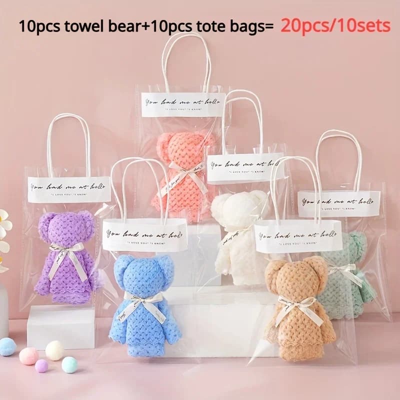 Set regalo di asciugamani per orsacchiotto da 20 pezzi/10 set, regalo per accompagnatore di nozze, fornito con borsa trasparente adatto per Natale, compleanno