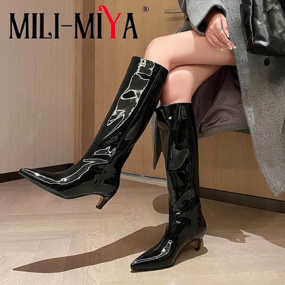MILI-MIYA Hot Sale Women PU Patent Leather Knee High Heels Concise Sexy Pointed Toe Mid Heels Slip On Daily Commute Party Shoes