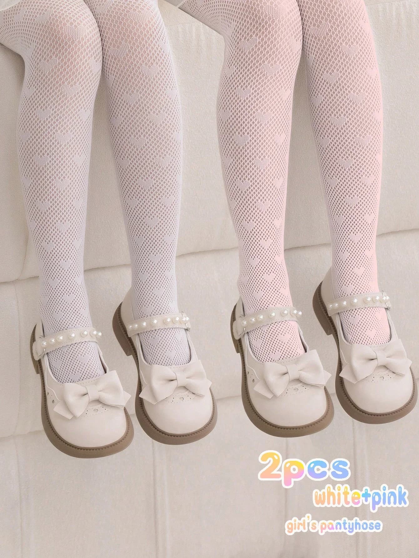 2 paia di collant in rete con motivo a cuore per ragazze, calze Lolita morbide e traspiranti per feste per bambini, collant elastici per la danza per bambini