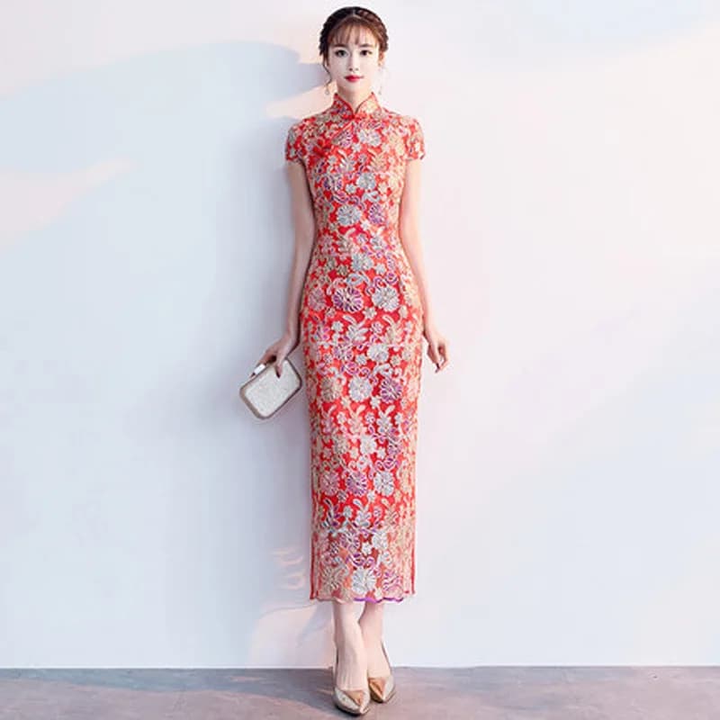 Abito da donna moda stile cinese elegante lungo Qipao abito da sposa pizzo rosso sposa festa cheongsam orientale