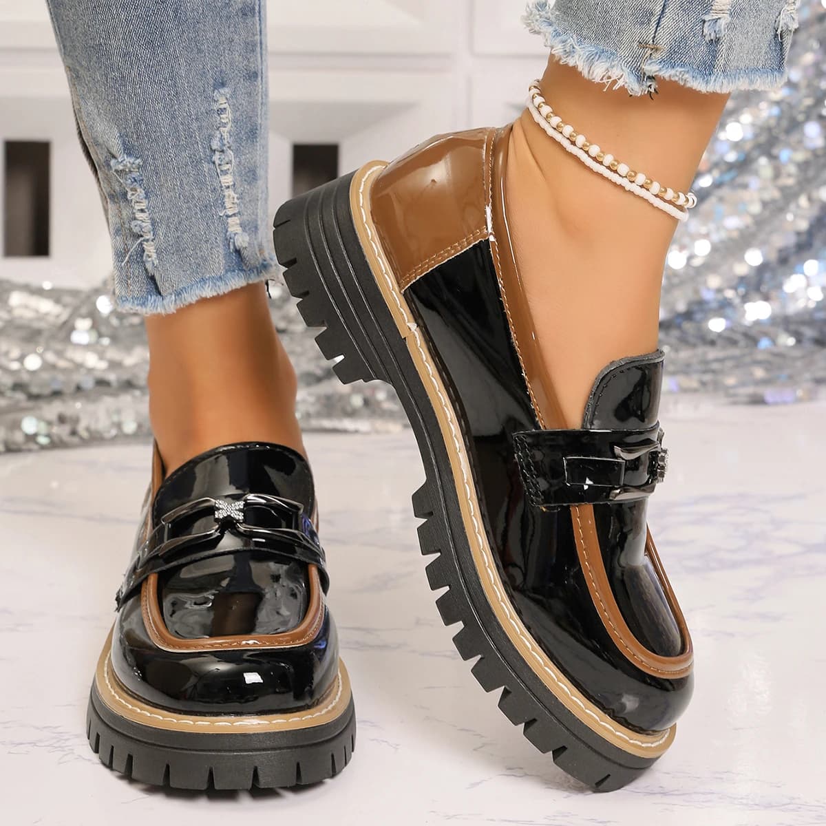 Women's Color-blocking Design Slip-on Deep-mouth Loafers 2026 Spring and Autumn New Round-toe Non-slip Comfortable Low-top Shoes