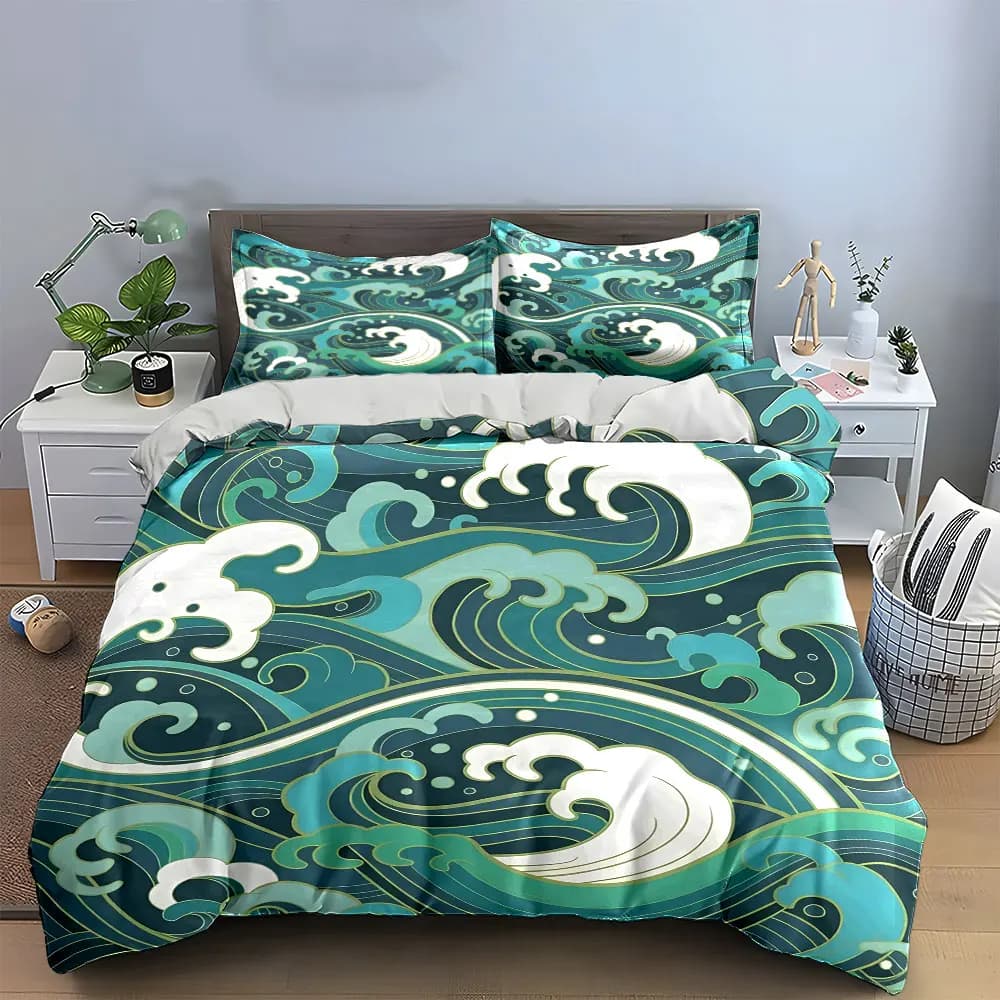 Set di biancheria da letto decorativa Ocean Wave con 1 copripiumino e 2 federe, singolo, matrimoniale, king, queen, regalo
