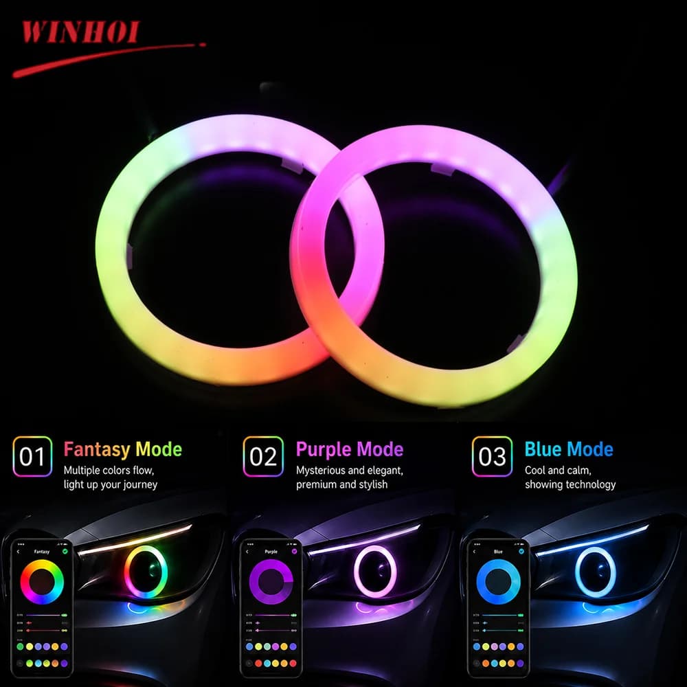 Car Headlights RGB Angel Eyes LED Halo Rings 60mm 70mm 80mm 90mm DRL Daytime Running Lights APP Control for Motorcycle Auto Car