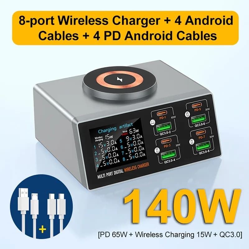 Stazione di Ricarica 140W con Caricatore Wireless PD45W QC3.0 | Display LCD | Monitoraggio tramite APP | Multi-dispositivo per iPhone/Samsung/Tablet