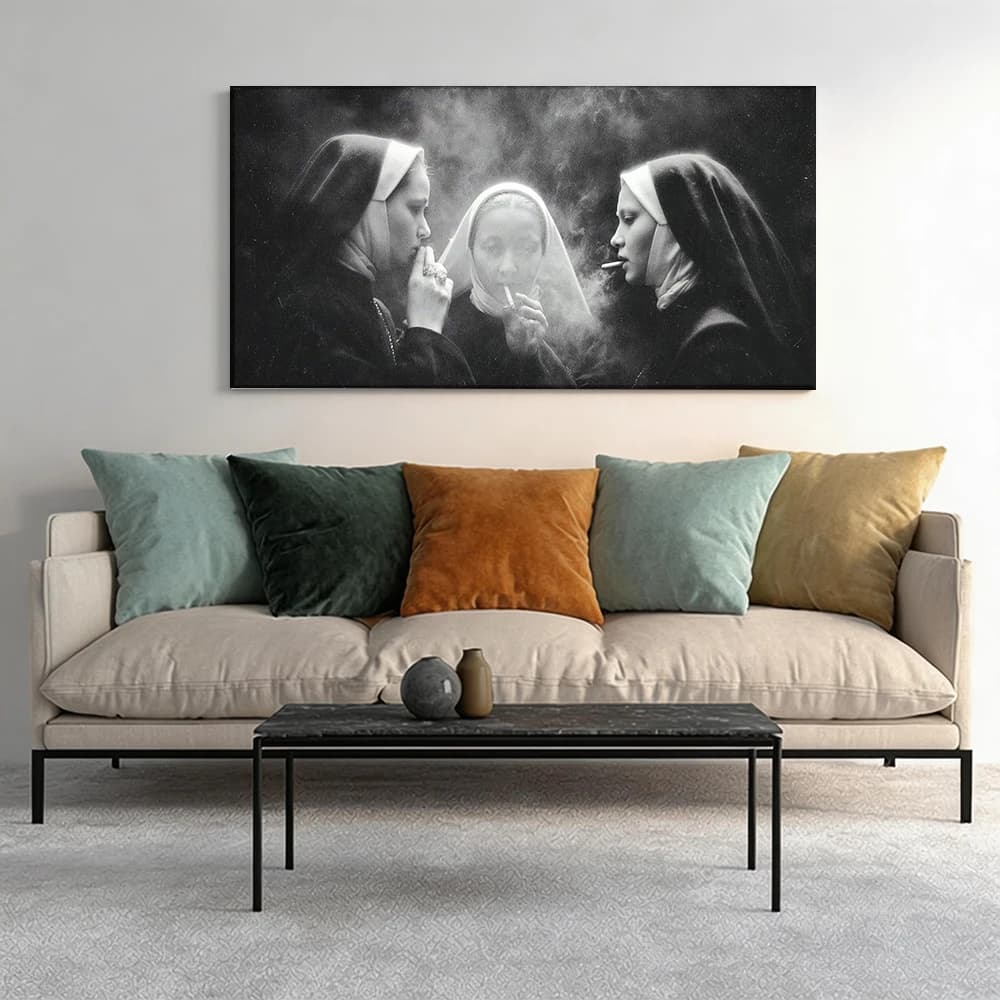 Painted on canvas with large wooden frame, 1 piece. Three nuns smoking cigarettes.