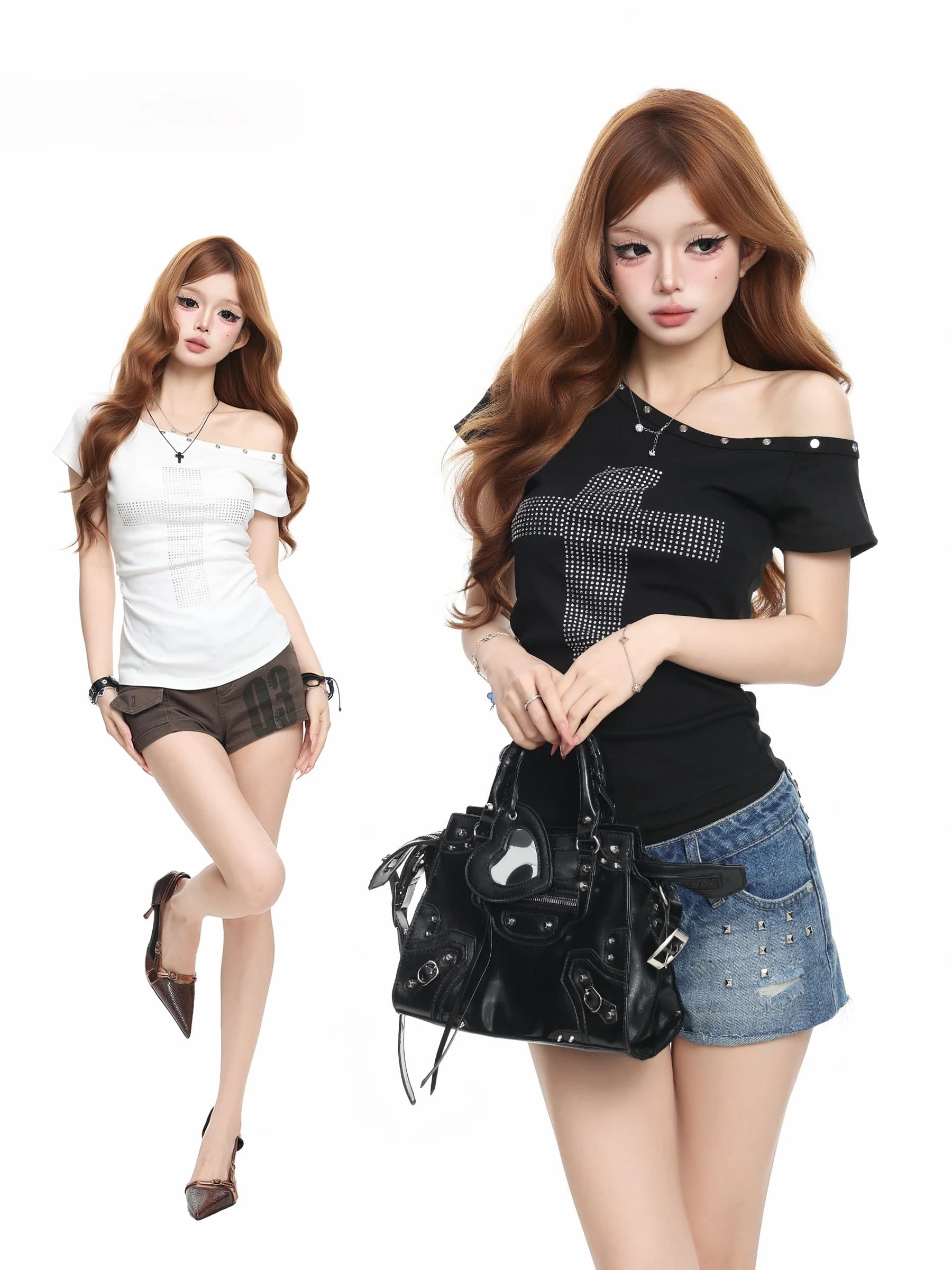 BASTERDS American Cross Rhinestone Shoulder Short Sleeve Women's T-shirt Summer Spicy Waist Cinched Versatile Top