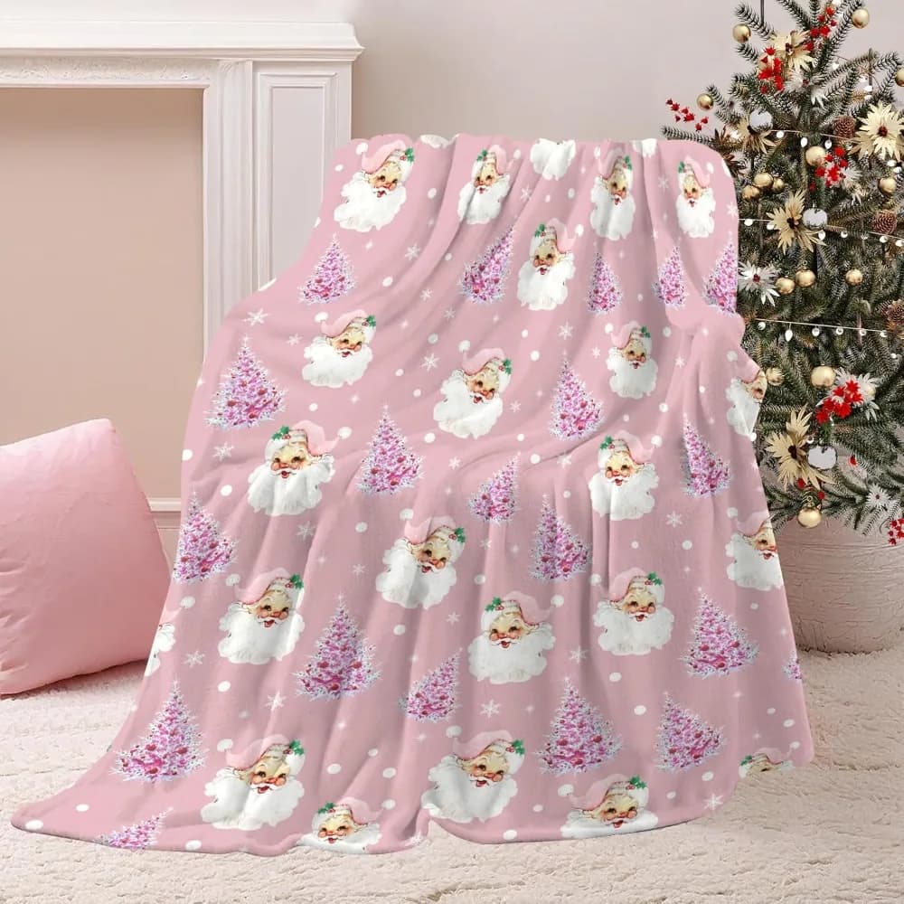 Morbida coperta natalizia in peluche, simpatica coperta calda con fiocco di neve con albero di Natale rosa di Babbo Natale per divano