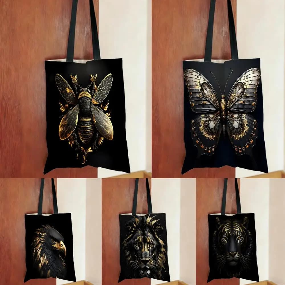 Eleganti Borse Portaoggetti Serie Regal Black Gold Eagle Lion, Borse Stampate per Uso Quotidiano, Borse Leggere a Tracolla per Shopping, Borsa Tote